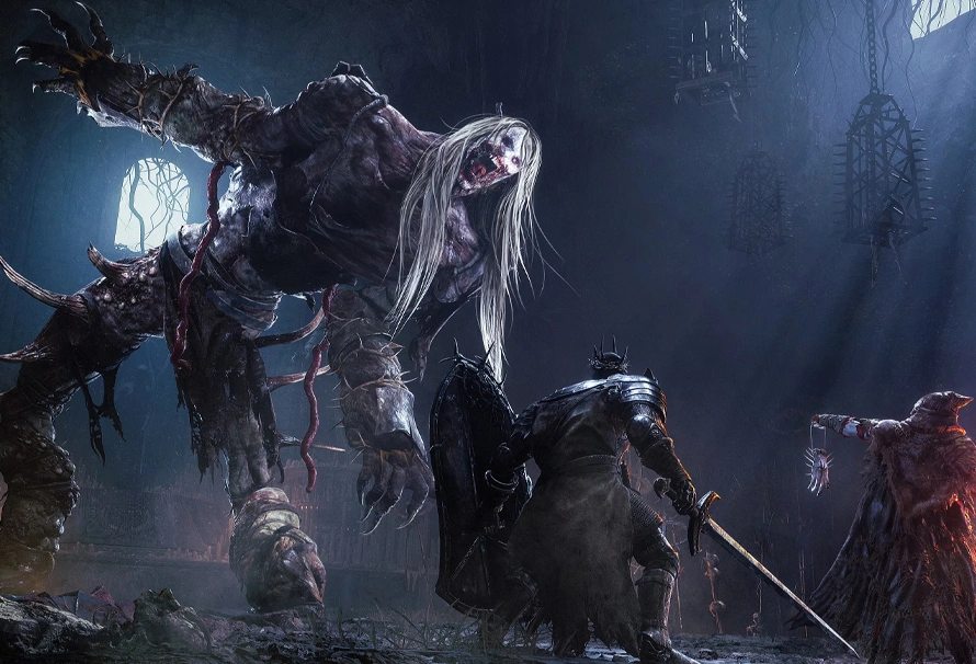 کاراکتر بازی Lords of the Fallen در حال مبارزه با یک غول عظیم‌الجثه در صحنه‌ای تاریک و پرتنش